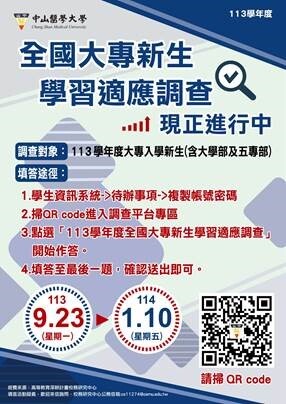 113學年度全國大專新生學習適應調查